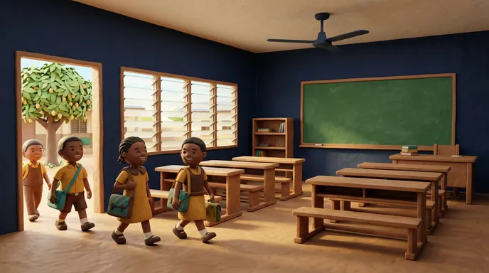 Pupils in uniform walking into a classroom in the morning