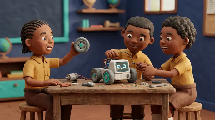 Children building a small robot together at a table