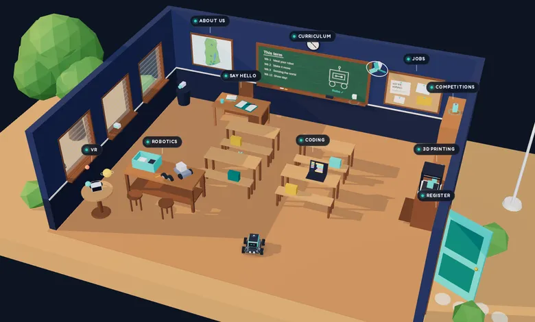 The Kidegneers 3D classroom, with tags on the robot table, the chalkboard and the door
