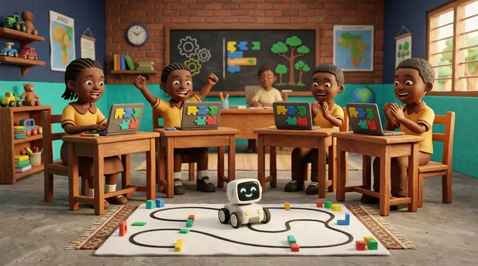 Children at laptops while a robot follows a black line on the floor