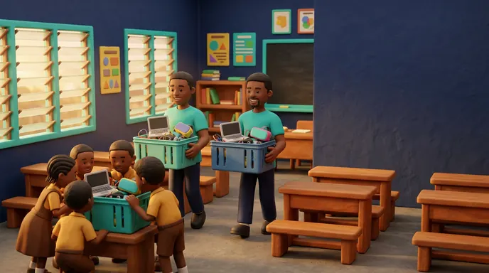 Two instructors carrying crates of robot kits into a school