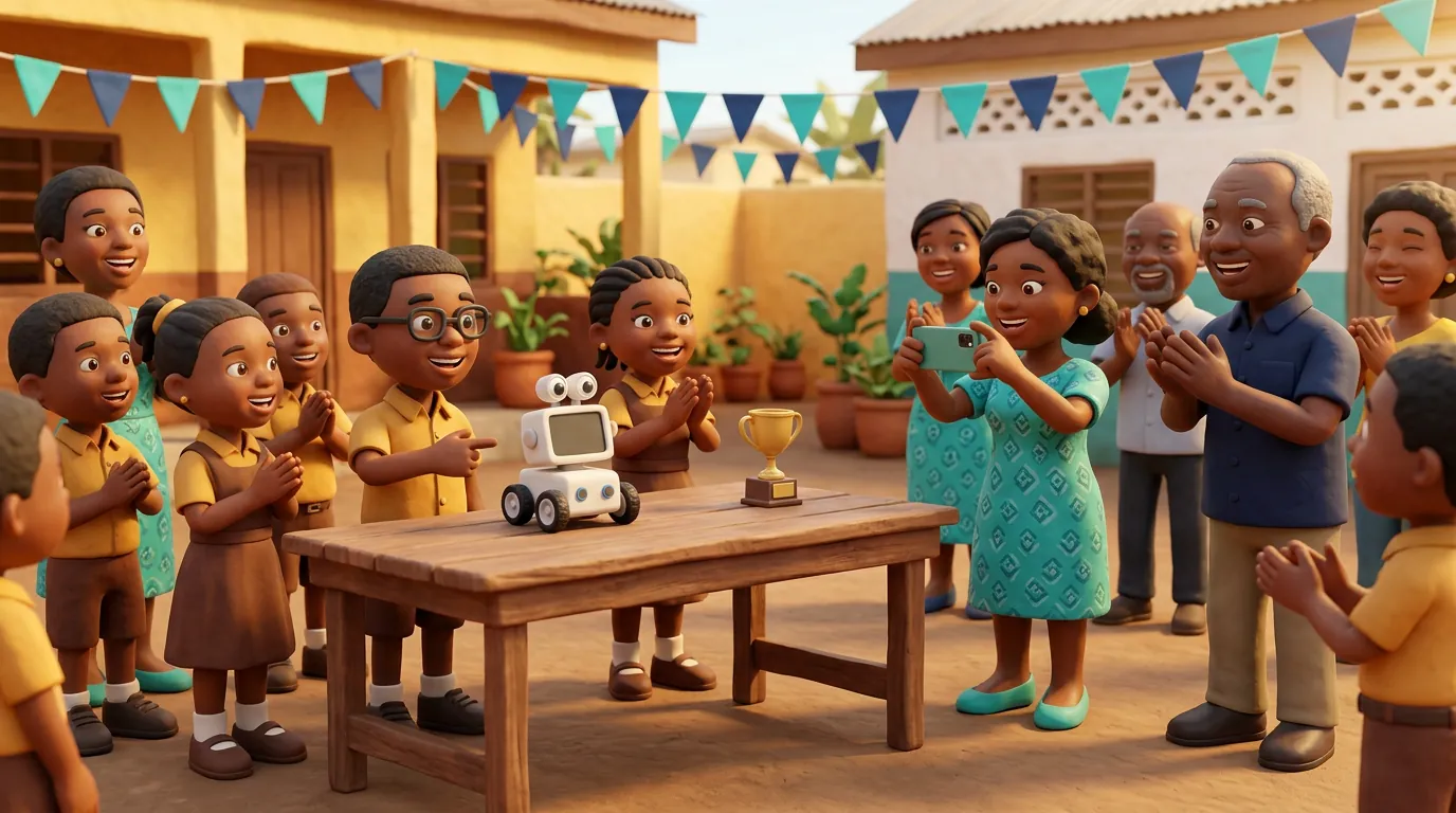 Parents clapping as children show the robots they built