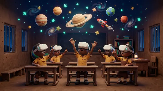 Children wearing VR headsets with planets floating around them